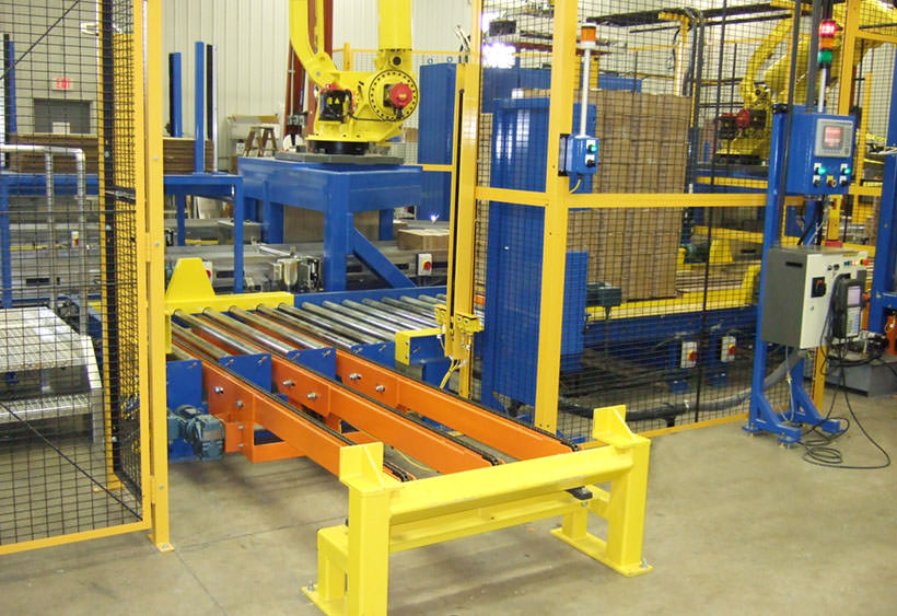 Palletize system with pallet destacker, CDLR conveyor and pivot style transfer